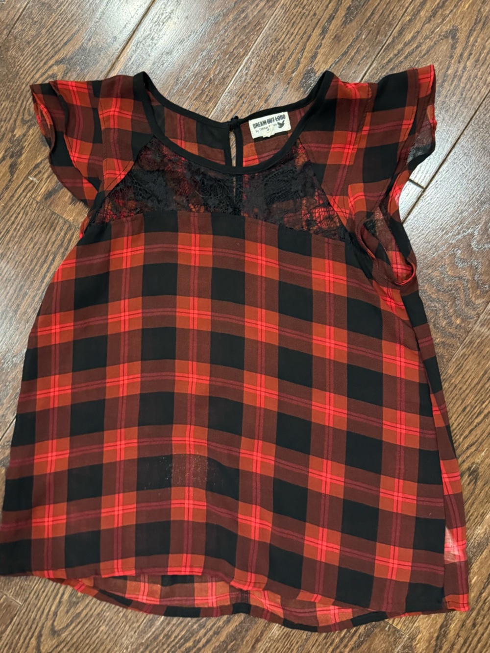 Red and Black Plaid Lace Yoke Blouse